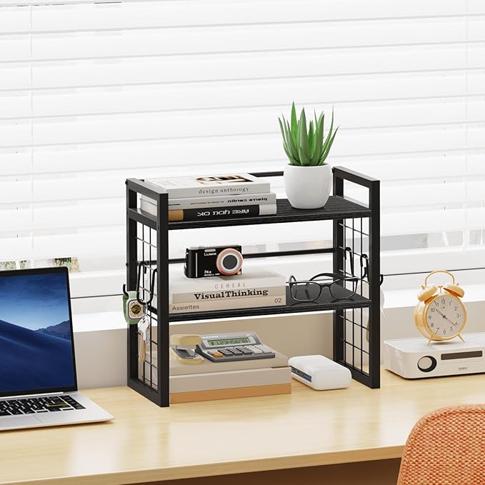 ELITEROO Desk Shelf Organizer, 2 Tier Desktop Bookshelf for Top of Desk Organization, Adjustable Wooden Storage Rack, Table Top Display Shelf for Home Office, Bedroom, Black