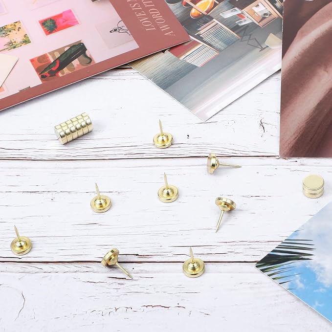 50 Set Magnetic Push Pins, Flat Push Pin, Magnetic Thumb Tacks for Wall Bulletin Board Poster and Photo Hangers (Gold)