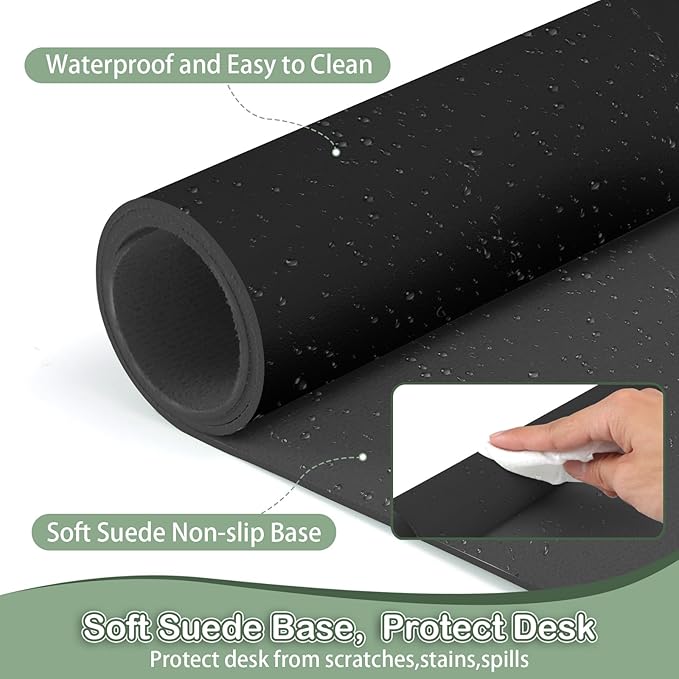 Boutilon Leather Desk Pad Protector,Non-Slip Mouse Pad,Laptop Desk Pad,Office Mouse Mat,Waterproof Leather Desk Blotter,Desk Writing Pad for Office and Home (L-Black,35"x 17")