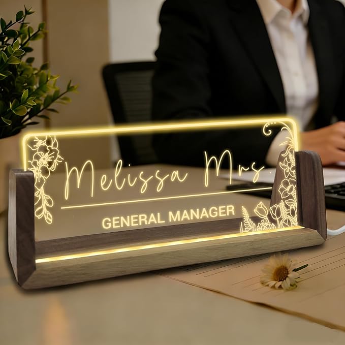 Desk Name Plate Personalized Custom Light Up Acrylic Plaque for Desk Customized Office Gifts for Boss Coworkers Teacher Employee Office Decor for Women Men