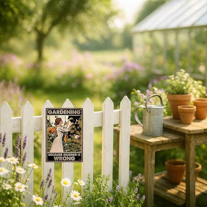 Funny Gardening Tin Sign – BECAUSE MURDER IS WRONG 12x8 Inch Vintage Metal Wall Décor for Garden, Greenhouse, Patio, Yard or Outdoor Shed (Earth tones)