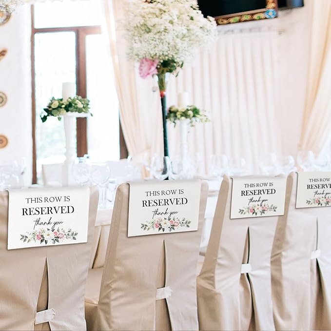 ChissNook Reserved Seating Chair Signs, This Row Is Reserved Pew Cloths Seating Placeholder for Church Pews, Wedding Decorations for Reception Parties Celebrations Event Meetings (Pink Floral, 4 PCS)