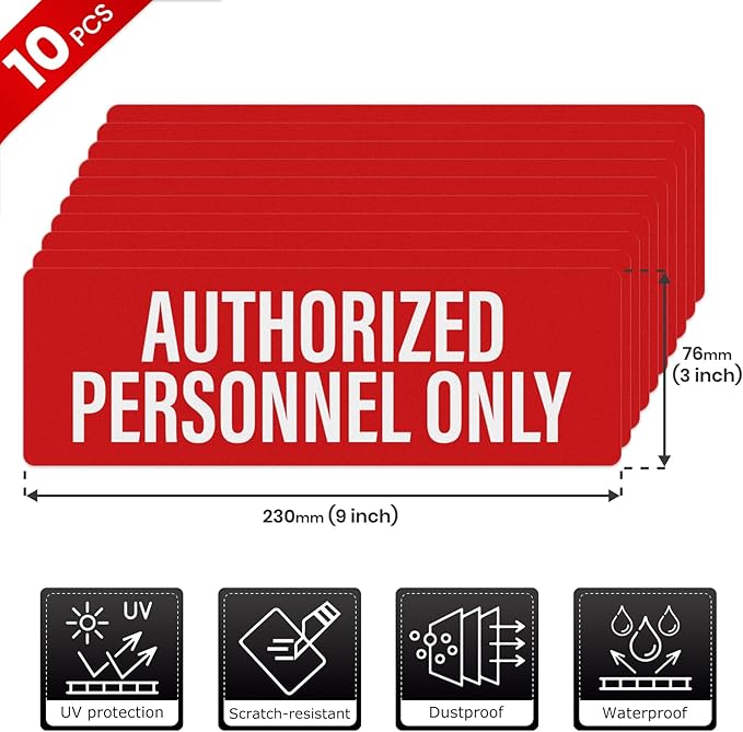 Anobell 10 Pack Authorized Personnel Only Sign Self Adhesive 9 × 3 Inch Waterproof Peel Stick Red Vinyl Safety Sticker for Business Warehouse Office Vehicle