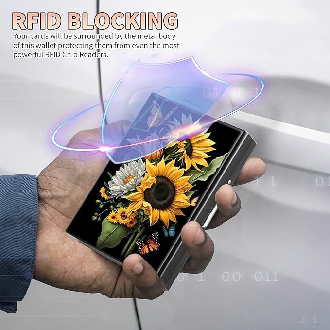 BWEGRHE Slim Credit Card Holder, Sunflowers Butterfly RFID Blocking Metal Wallet for Men & Women, Aluminum Minimalist Hard Case Pocket-Sized Business Cards Organizer (Fits Up to 10 Cards)
