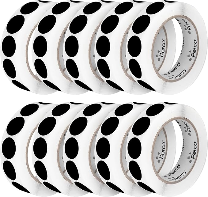 Perco Black 1-Inch Perforated Circle Dot Sticker Labels — 10 Rolls, 10,000 Round Stickers — with Permanent Adhesive for Inventory Management, Color Coding, Garage Sales, Crafts—Made in USA