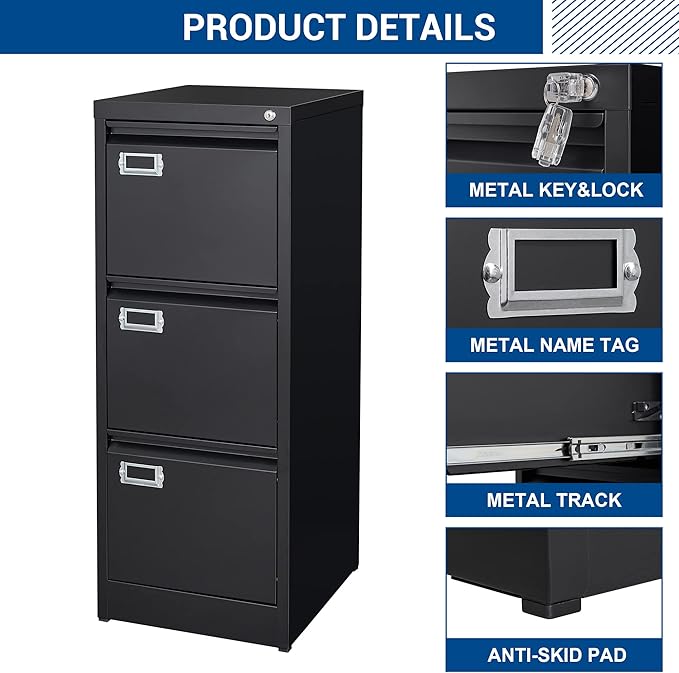 Fesbos Vertical File Cabinets - 3 Drawers 17.8" Deep Lockable Filing Cabinet - Metal Storage Cabinets for Home Office to Hanging Files Letter/Legal/F4/A4 Size