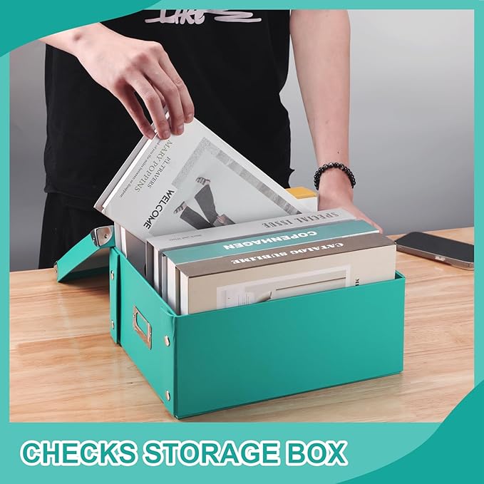 2 Pcs Checks Storage Box with Lid Document Boxes Banker Boxes Lake Green Document Bin Snap Close Receipt Box Storage Foldable Cardboard Record Boxes For Files Orangize Books Files Envelope 12"x10"x5"