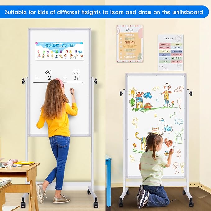 maxtek Rolling White Board, 48 x 24 Height Adjustable Whiteboard on Wheels, Large Magnetic Standing Mobile Easel Board, Double-Sided with Stand for Office, Home, and Classroom