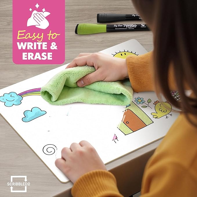 Scribbledo 12 Small White Board Dry Erase Boards Classroom Pack Mini White Boards 9"x12” Double Sided Personal Whiteboards for Students Teachers School Supplies Lapboards Mini Whiteboard Erasers Incl