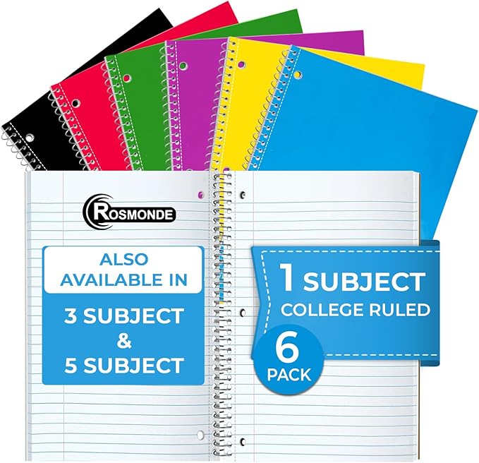Rosmonde 1 Subject Notebook College Ruled, 6 Pack, 70 Sheets (140 Pages), 8 x 10-1/2", 3 Hole Punched Notebooks, Thick No-Bleed Paper, Sturdy Back, College Ruled Notebook for School, Assorted Colors