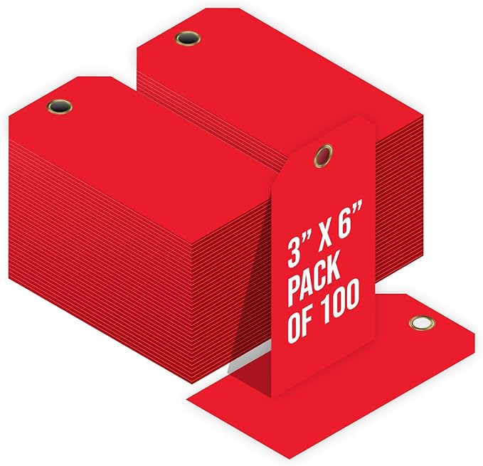 Tags 4 Less 15 Mil Waterproof Plastic Tags, Pack of 100 – 3” x 6” Heavy Duty Plastic Tags for Labeling, Outdoor Tagging, Equipment Labeling, Luggage, Valves & More (Red)