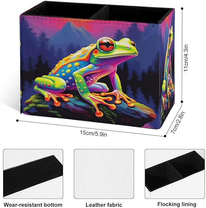 Famame Colorful Frog on Stone Pencil Holder for Desk, Leather Desktop Container Pen Cup Storage Study Table Pen Organizer Makeup Brush Holder for Classroom Office Home