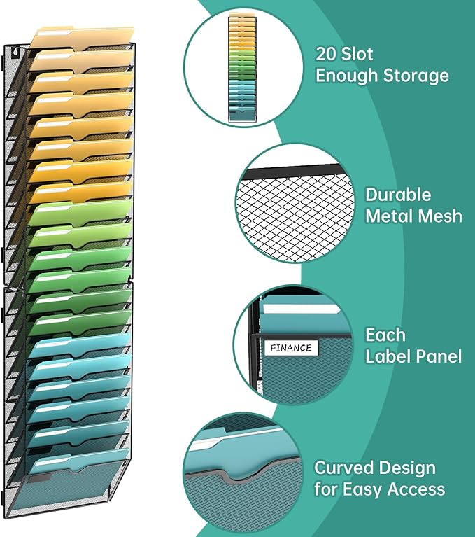 SUPEASY Wall File Organizer Mesh Office Mail Holder, Hanging Wall Organizer Magazine Rack for Office Black, 20 Tier