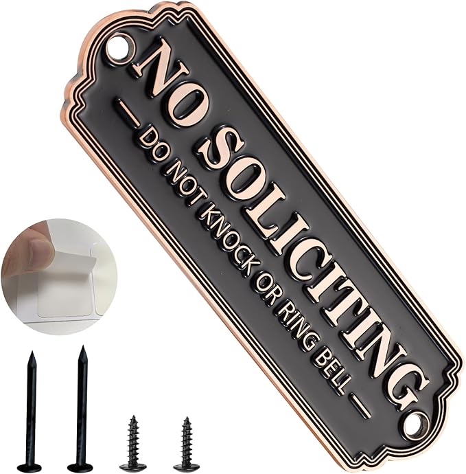 Brass No Soliciting Sign, No Soliciting Sign for House - Solid Brass Wall Plaque Handmade Traditional Home Decor, Elegant No Soliciting Do Not Knock or Ring Bell Sign for Office and Business (Brass color)