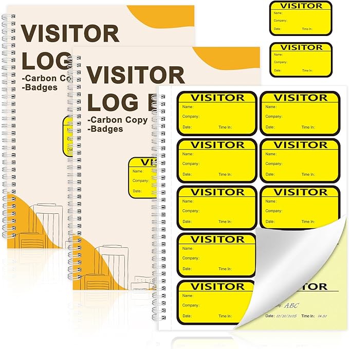 2 Pack Visitor Badges with Carbon Copy Visitor Stickers Letter Size Visitor Log Book Protecting Privacy Pages School Church Business Pass 300 Visitor Badges Guest Register Book 60 Memo Pages (2)