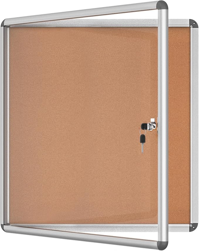 Mifuro 28"x26" Enclosed Bulletin Board, Lockable Weather-Resistant Aluminum Cork Noticeboard for School & Office, Silver Frame w/Cork