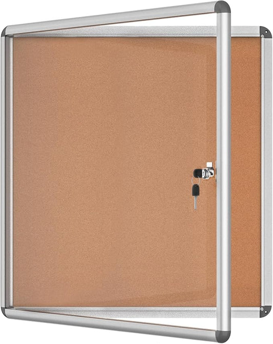 Mifuro 28"x26" Enclosed Bulletin Board, Lockable Weather-Resistant Aluminum Cork Noticeboard for School & Office, Silver Frame w/Cork