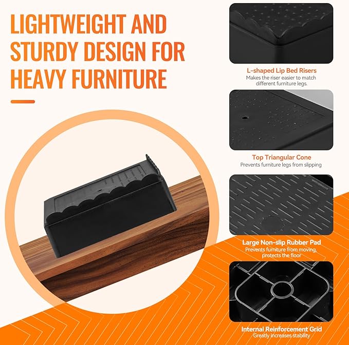 Furniture Risers, 6 Pack Bed Risers with Non-Slip Grip and Heavy Duty Support, 1 Inch 2 Inch 3 Inch 4 Inch Height Lift for Couch, Sofa, Table, Desk, Chair, Refrigerator - Black, 1+1 Inch