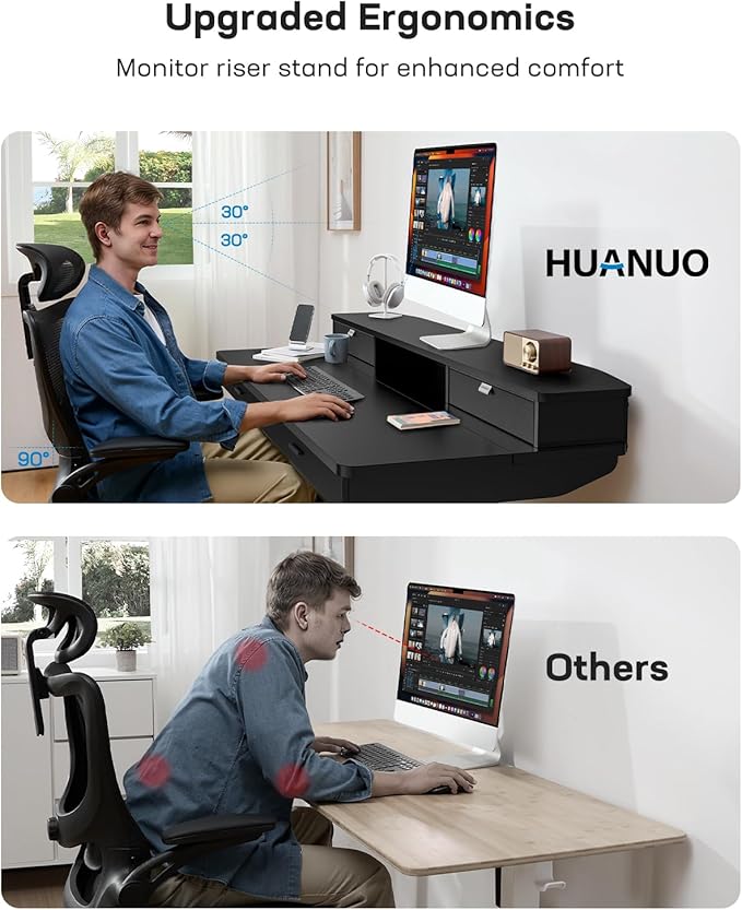 HUANUO 55 x 30 inch Electric Standing Desk with Wood Drawers,Stand up Home Office Desk Adjustable Height with Two Tiers, Ergonomic Stand up Desk with Monitor Stand, Black