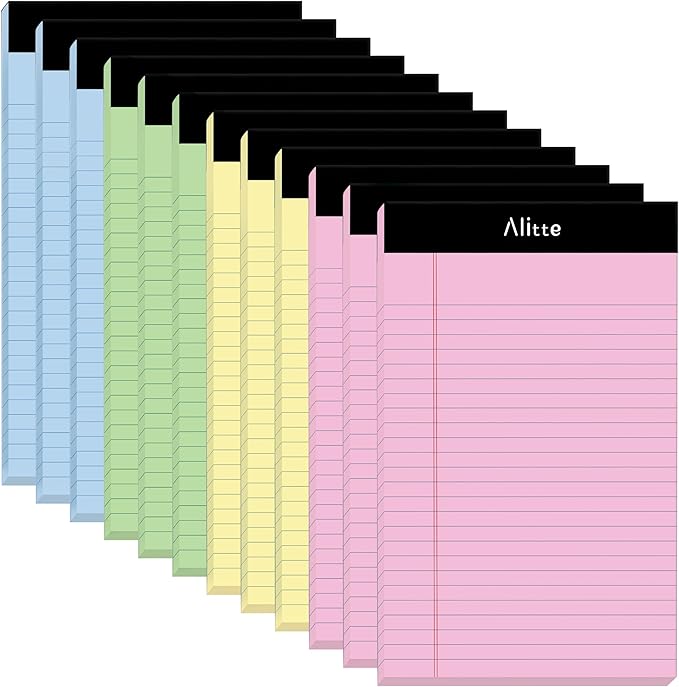 Alitte Colored Legal Notepads 5x8, Pack of 12- Perforated Narrow Ruled Writing Pad - Premium Thick Paper, No Ink Bleeding - Legal Pads For Home, Office, School, Business - 50 Sheets Per Notebook