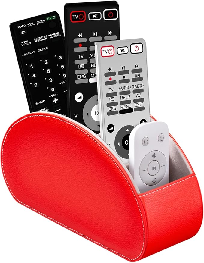 BONNY DODO Remote Control Holders Organizer Box with 5 Compartment PU Leather Multi-functional Office Desk Storage Caddy Store Tv Remote for Media Player,Brush,Pencil,Glassees&Office Supplies (Red)