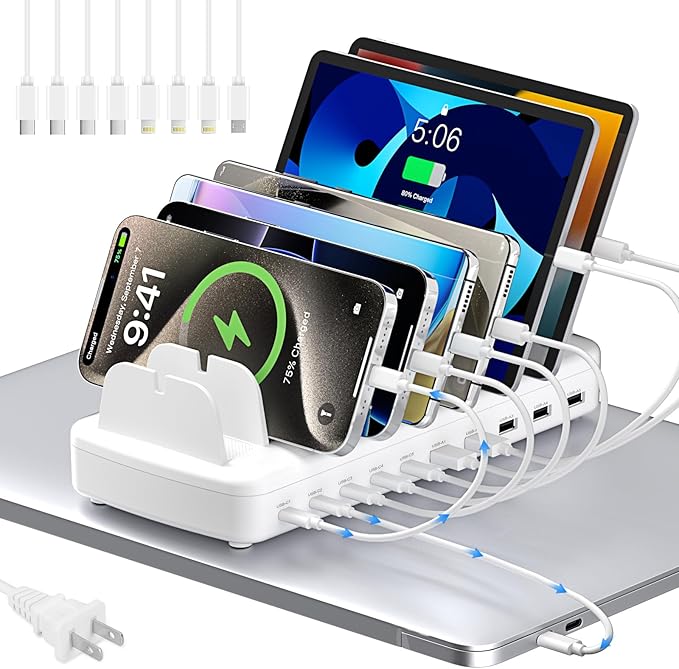 510W Fast Charging Station for Multiple Devices, 10 Port USB C Charger Station with Flame-Retardant Material & 8 Cables for iPhone, Android, iPad, Tablets, Family Office Desk Charging Dock Organizer