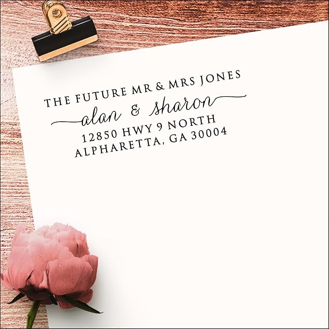 PrettySweetParty Self Inking Return Address Stamp - Custom 4 Line Personalized Address Stamp for Envelopes, Wedding Invitations, Business, Mailing Labels, Black Ink (Calligraphy Script)