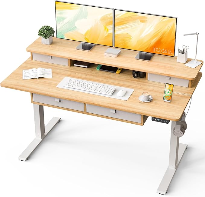 Kingant 55 x 30 Inch Electric Standing Desk with 4 Drawers, Adjustable Height Computer Desk for Home Office, Large Workstation Sit Stand Up Desk with Built-in USB A/C Charging Ports, Nature