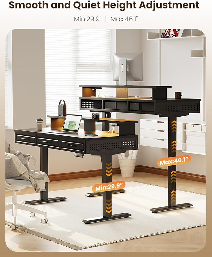 OffiGo Electric Standing Desk with 3 Wooden Drawers, 48 Inch Height Adjustable Desk with Power Outlets & LED Lights, Black Sit Stand Table with Monitor Stand for Home, Office, Workstation