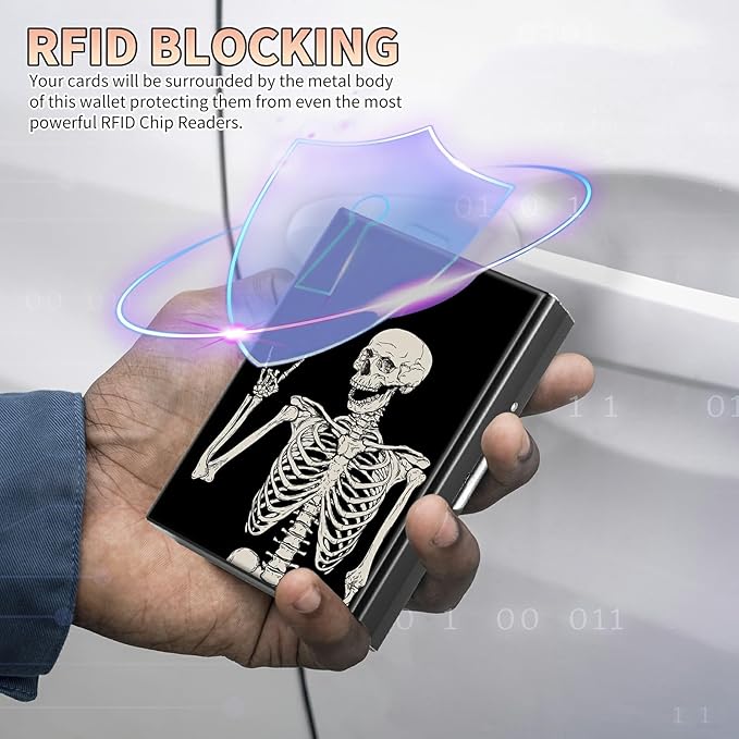 BWEGRHE Slim Credit Card Holder, Skull Skeleton RFID Blocking Metal Wallet for Men & Women, Aluminum Minimalist Hard Case Pocket-Sized Business Cards Organizer (Fits Up to 10 Cards)