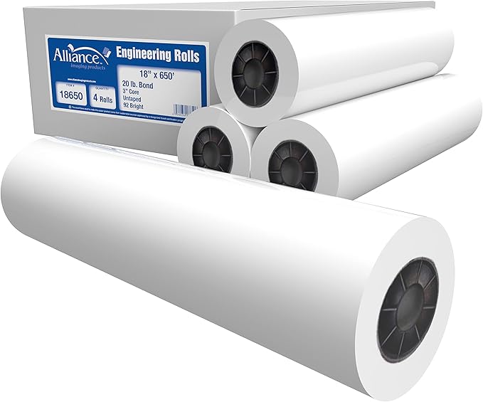 Alliance Wide Format Paper Rolls, 20lb with 3" Core (18 In x 650 Ft | 3" Core, 20lb | 4 Rolls)