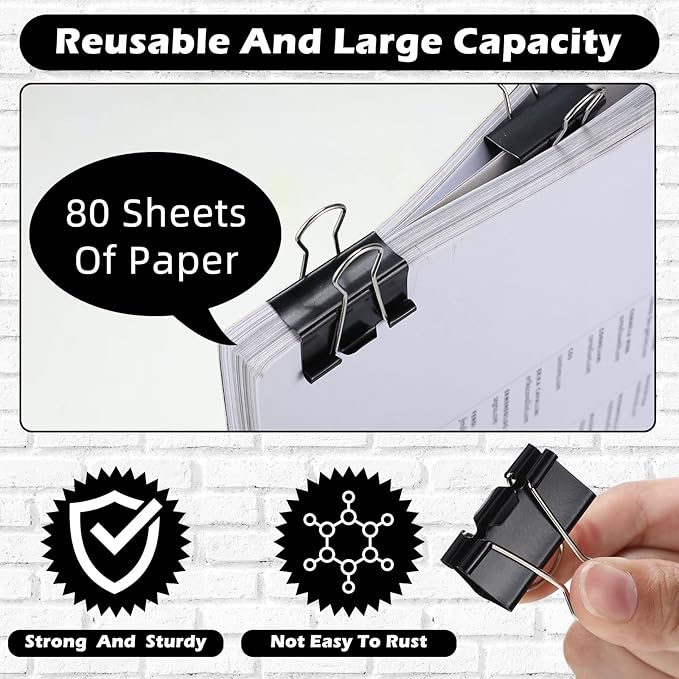 Yexiya 300 Pcs Medium Binder Clips Sturdy 1.25 Inch Black Paper Med Clips Office Supplies Paper Clamps for Office Teachers Students School Business Supplies