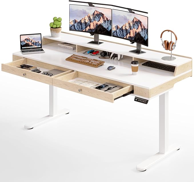 ONBRILL Standing Desk with Drawers, 63x23.6 Inch Electric Stand Up Desk with Storage Shelf and Memory Controller, Sit Stand Desk Adjustable Height from 28-46 Inch for Computer Workstation, White