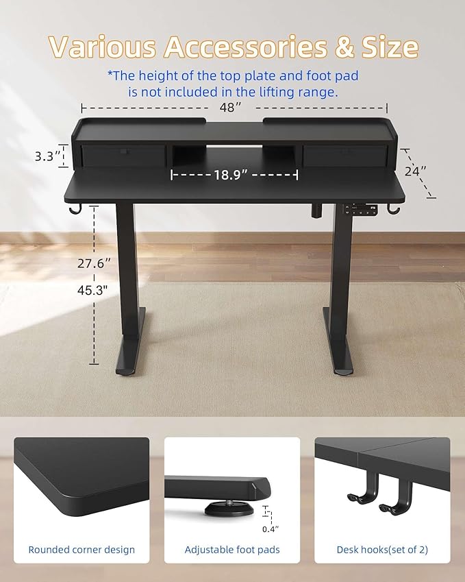 YIHAYO Electric Standing Desk with Drawers, 48 x 24 Inches Adjustable Desk with Storage Shelf, Stand Up Desk with Splice Board, Computer Table for Home Office, Black Frame/Black Top