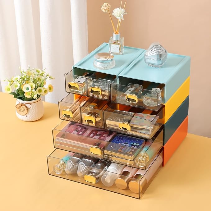 Spacious Desk Drawers, Stackable Desktop Organizer, Plastic Storage Box for Office, School & Home Supplies (4 Small Drawers, OG & YE)