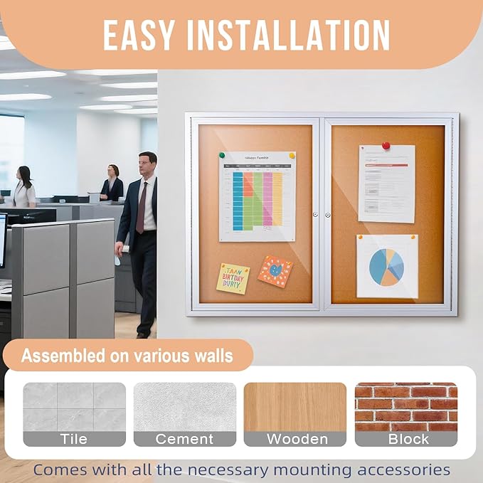 Homezelle Enclosed Cork Bulletin Board 48"x36" Outdoor Weatherproof Cork Noticeboard with Locking Door Wall-Mounted Silver Aluminium Frame for Home, School, Office, Community, Hospital