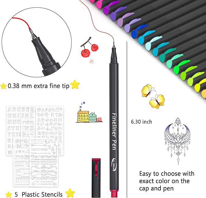 Tebik 65 Pack Planner Colored Pens, 60 Assorted Colors Drawing Pens with 5 Different Stencils, Perfect for Dotted Journal Planner Writing Note Calendar Coloring Office School Supplies