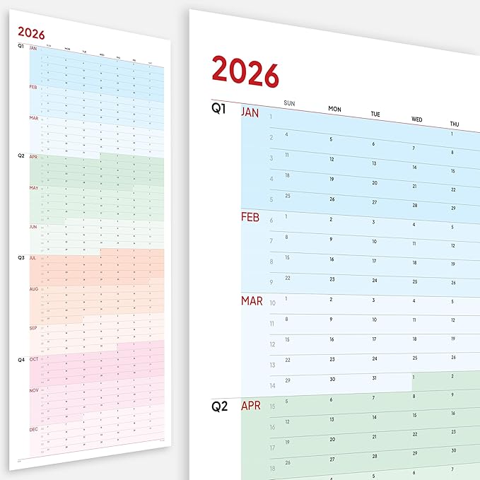 Large Wall Calendar 2026 (39 x 17 inches - Rolled) Dry Erase Calendar for Wall, Erasable Wall Planner, Vertical Layout, Quality Large Print, Gloss Lamination, Special Continuous Design.