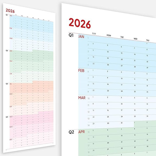 Large Wall Calendar 2026 (39 x 17 inches - Rolled) Dry Erase Calendar for Wall, Erasable Wall Planner, Vertical Layout, Quality Large Print, Gloss Lamination, Special Continuous Design.