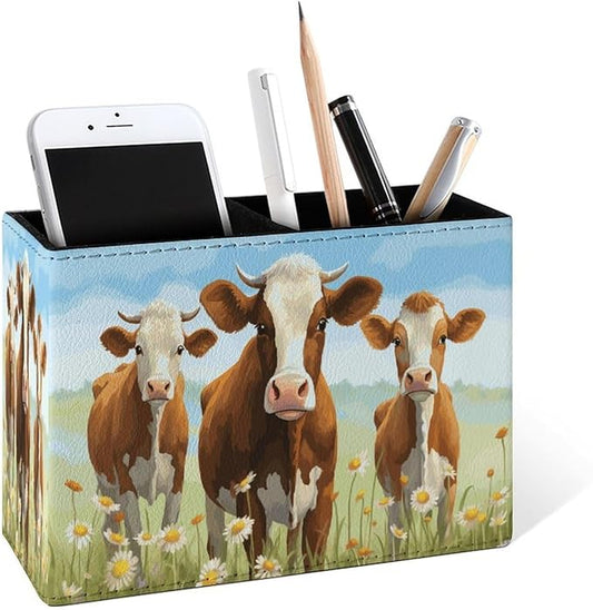 Famame Three Cows Flowers Field Pencil Holder for Desk, Leather Desktop Container Pen Cup Storage Study Table Pen Organizer Makeup Brush Holder for Classroom Office Home