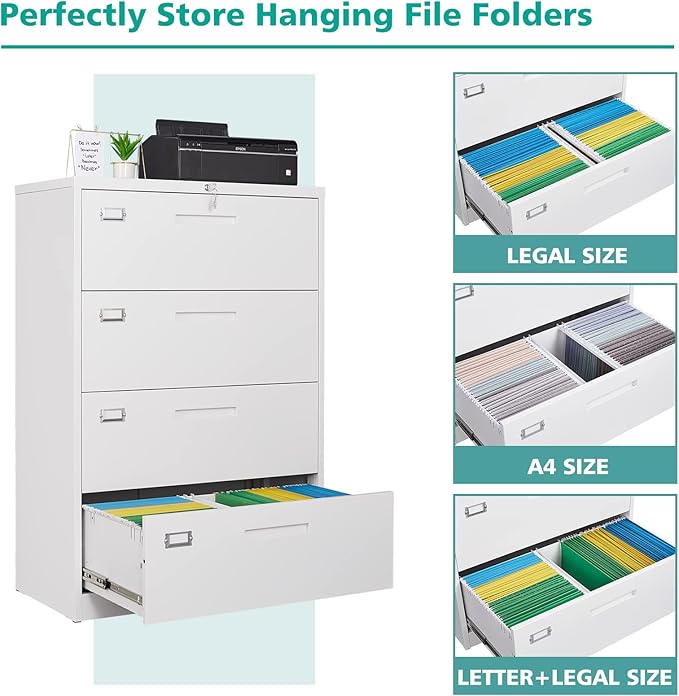MIIIKO 4 Drawer Lateral File Cabinet with Lock, Black Office Filing Cabinet with Lock, Metal Horizontal Storage Cabinet with Large Drawers for Hanging Letter Legal File Folders