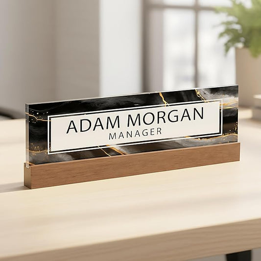 ARTBLOX | Office Personalized Name Plate Black Gold Marble Design On Clear Acrylic Glass for Desk with Business Card Holder