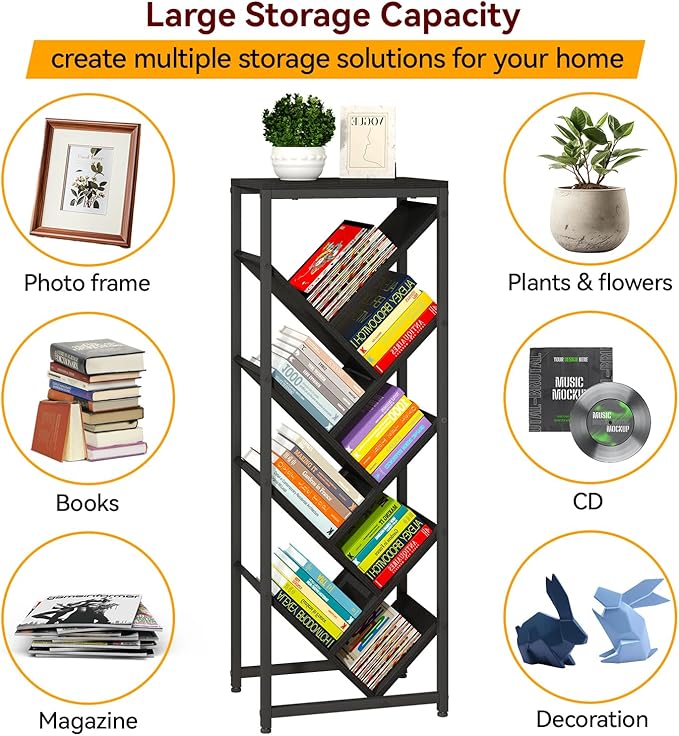 IBUYKE 9 Tier Tree Bookshelf, Floor Standing Wood Bookshelf for Narrow Space, Storage Organizer Bookcase for Books/CDs/Movies, Small Corner Bookcase for Bedroom Living Room,Black,TBC002B