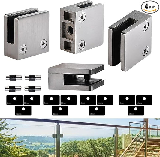 Glass Clamp－4PCS Adjustable Glass Shelf Bracket, 1/3 "-1/2 " 304 Stainless Steel Glass Clamps, Glass Clamp Bracket is Suitable for Railing, Stairs, Glass Wall, All Kinds of Glass (Silver-4pcs)