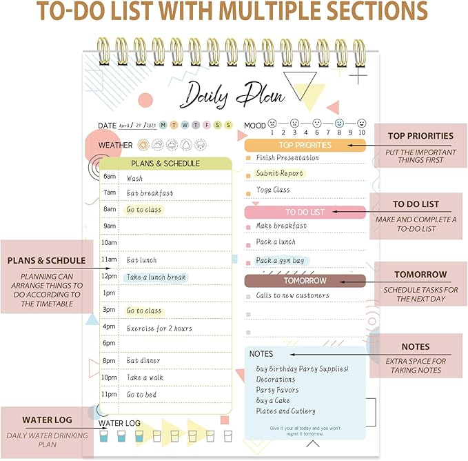 Tlenpo To Do List Notebook Pad, Daily Planner Notepad, 60 Sheets Double Sided Spiral Notebook, Perfect for Daily Tasks, Goal Setting, Home, School, 5.1 x 7 Inch, Boho