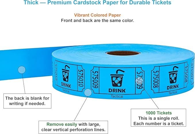 Tacticai 1000 Raffle Tickets, Drink, Blue (1 of 8 Colors), Single Roll for Events, Entry, Class Reward, Fundraiser & Prizes