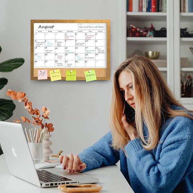 Calendar Whiteboard for Wall, 17x13 Inches White Board Calendar Dry Erase, Small Magnetic Monthly White Board with Gold Wood Frame, Hanging Dry Erase Board for Kitchen Home Office School Planner