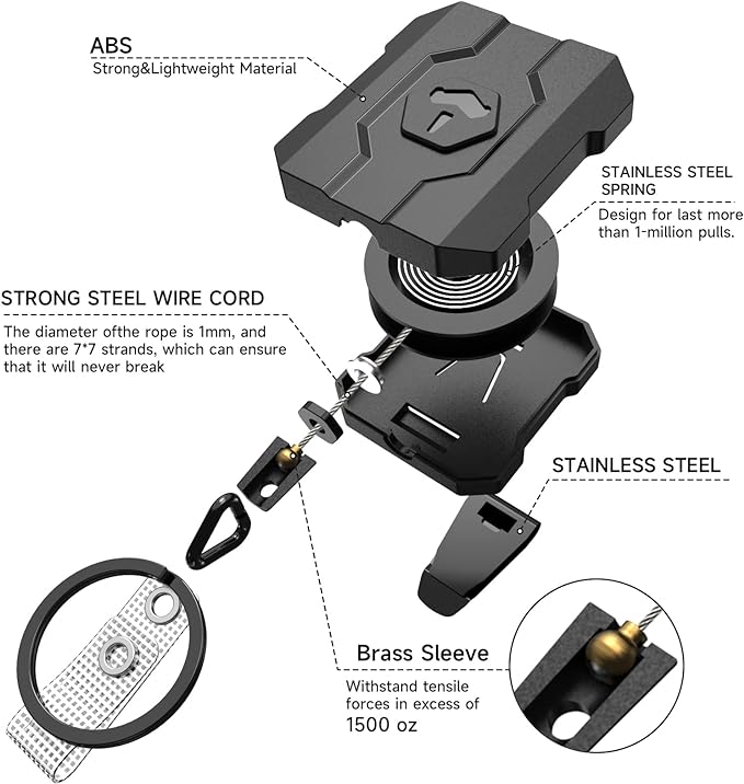 VYNCS Retractable Keychain Badge Holder with Belt Clip, Heavy Duty Carabiner ID Badge Clip Reel, 32” Steel Retractable Cord, 10 oz Rebound，1pcs Black Belt Clip