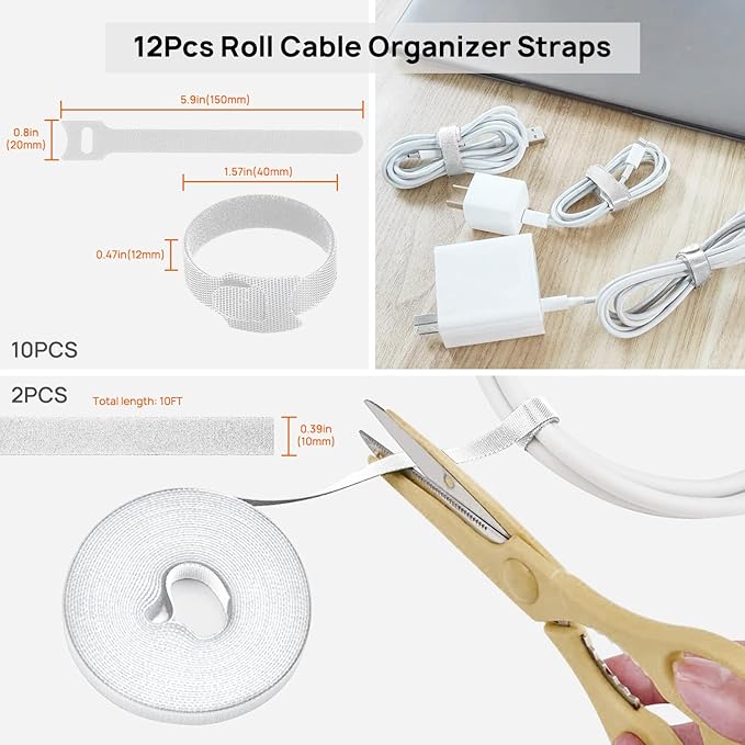 Ditar 193 PCS Cable Management Kit - 4 Cable Sleeve, 57 Self Adhesive Cable Clips, 12 Hanging Strips, 12 Cable Organizer Straps and 100 Fastening Cable Ties for TV Computer Under Desk (White)