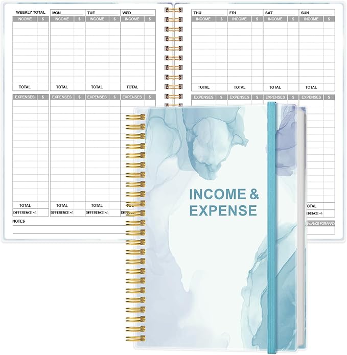 Heveboik Income & Expense Log Book - A5 Income and Expense Tracker for Small Business, Accounting Bookkeeping Tracking for Woman and Man, 5.8" x 8.3", Teal Watercolor